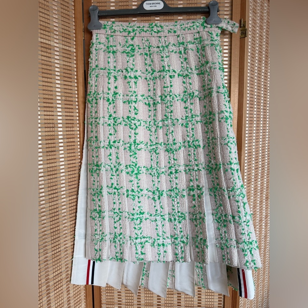 Thom Browne Tweed pleated Green and Cream A-Line Skirt high waist size 40